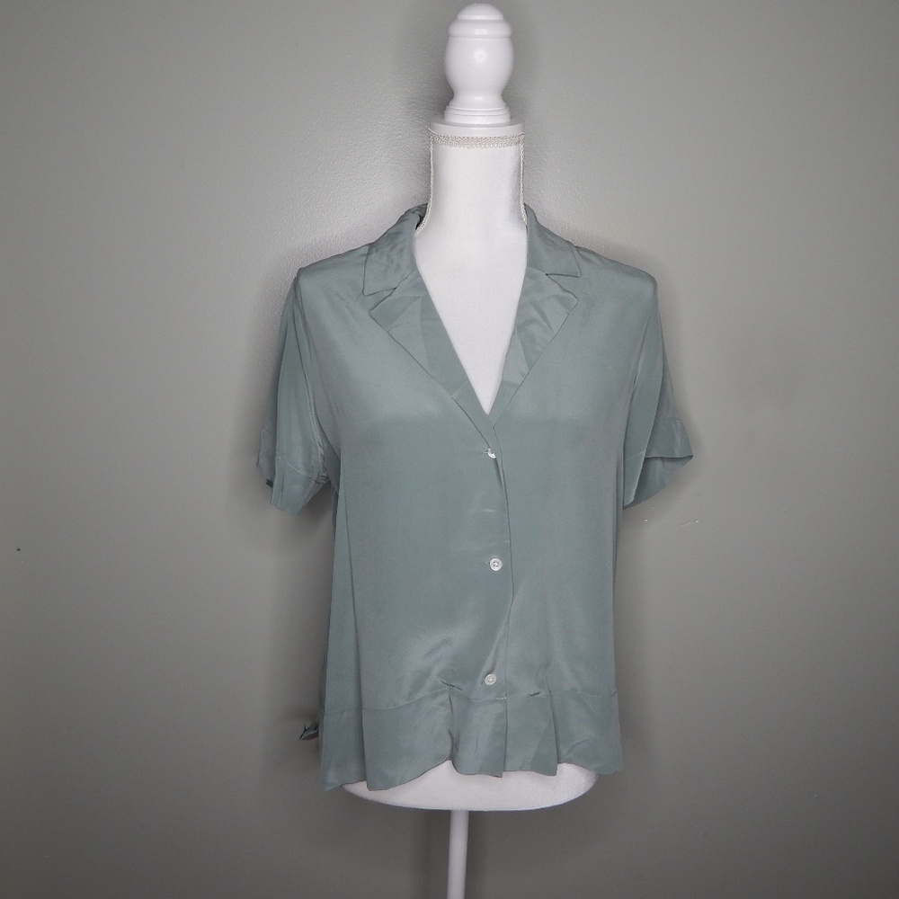 everlane women silk shirt olive sz 6